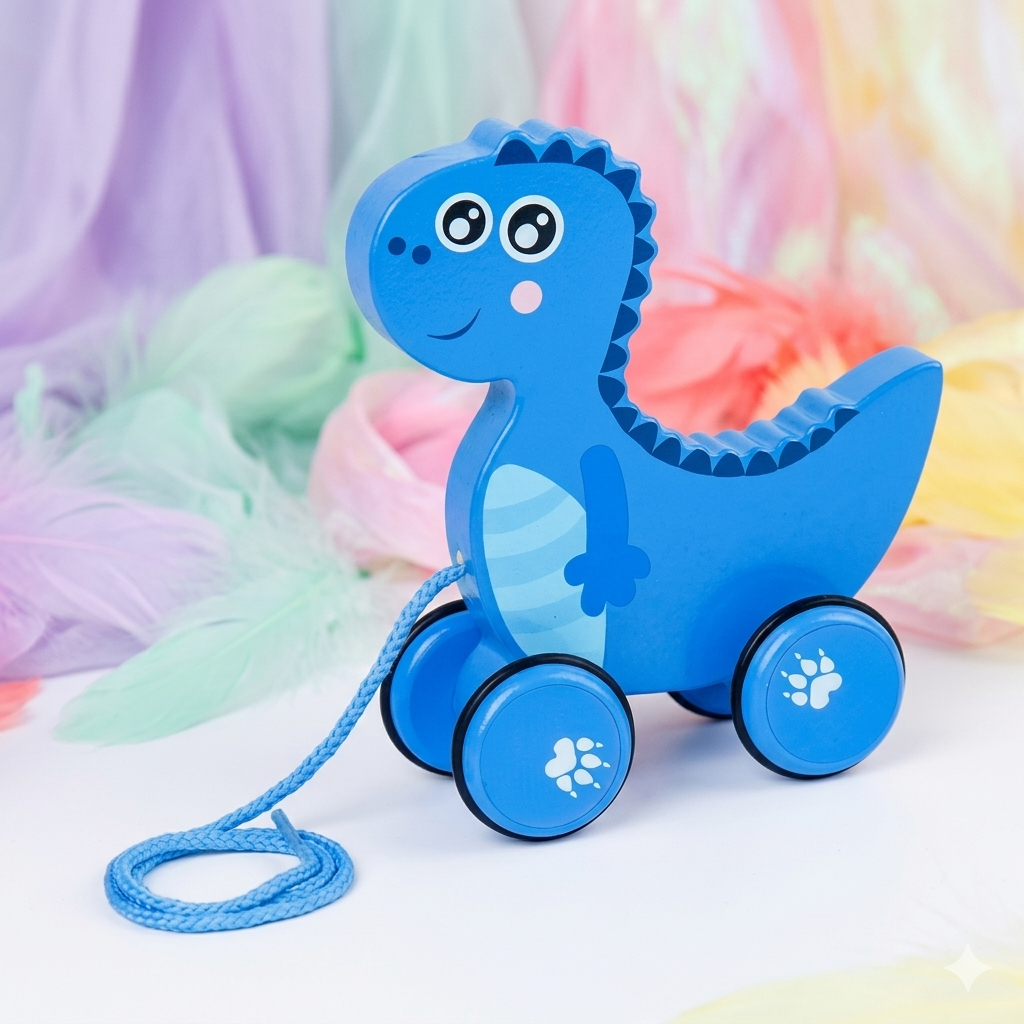 Blue dinosaur toy with wheels on a colorful background