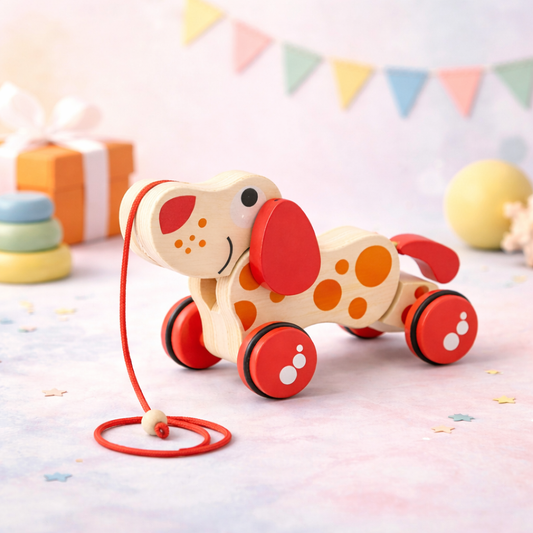 Wooden toy dog with wheels on a string against a colorful background