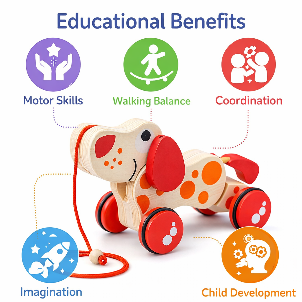 Wooden toy dog with educational benefits icons on a white background