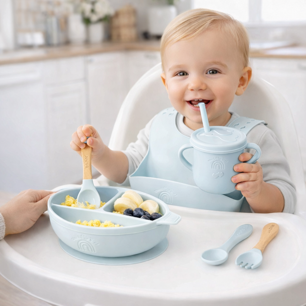 Child in a high chair with blue feeding utensils and bowl, smiling.