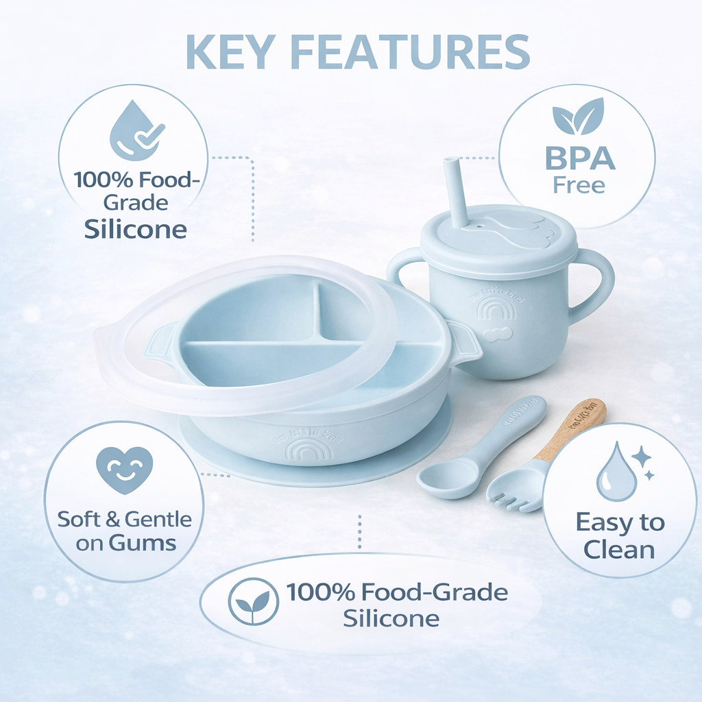 Children's silicone feeding set with key features highlighted on a light blue background