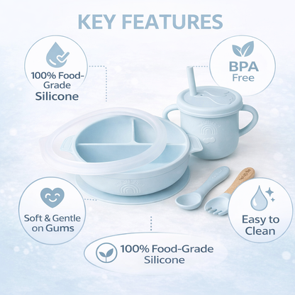 Children's silicone feeding set with key features highlighted on a light blue background