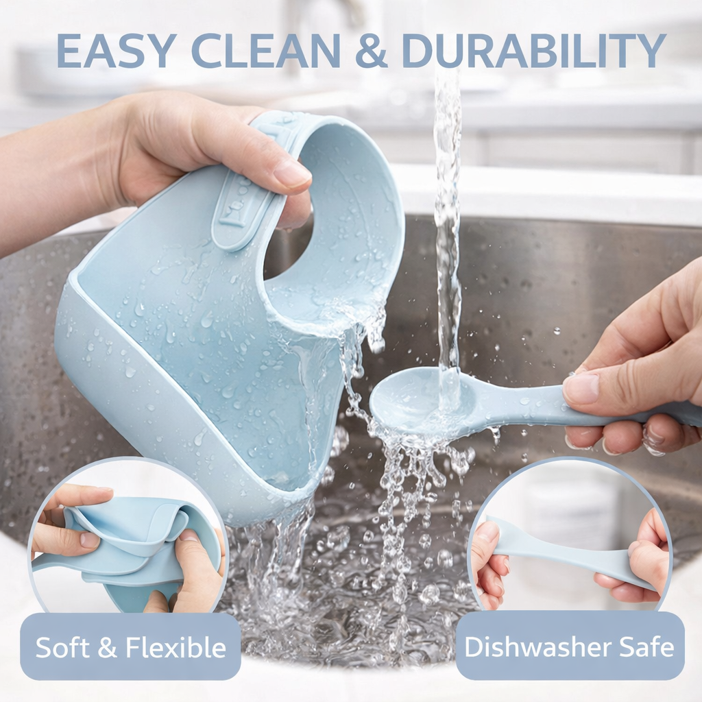 Hands washing a blue silicone cup and spoon under running water, with text highlighting ease of cleaning and durability.