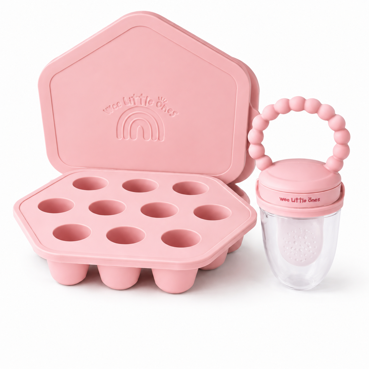 Pink silicone baby food storage mold and matching feeder bottle set on a white background. The house-shaped mold is open, showing ten cavities, and the feeder bottle has a pink beaded handle and clear container.