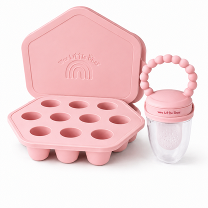 Pink silicone baby food storage mold and matching feeder bottle set on a white background. The house-shaped mold is open, showing ten cavities, and the feeder bottle has a pink beaded handle and clear container.