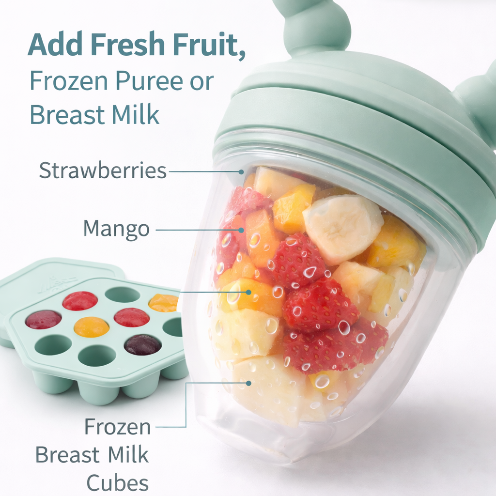 Silicone baby food storage container with labeled fruits and text on a white background