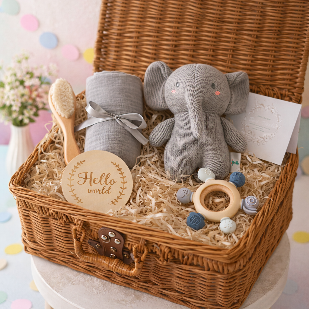 Baby gift basket with toys and items for a newborn in a wicker basket.