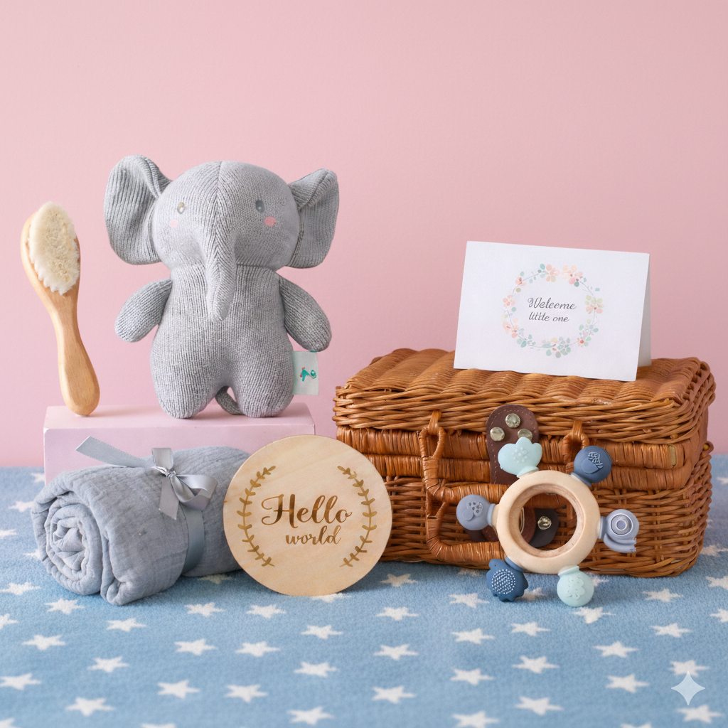 Baby gift set with plush elephant, basket, and toys on a pink and blue star-patterned blanket.