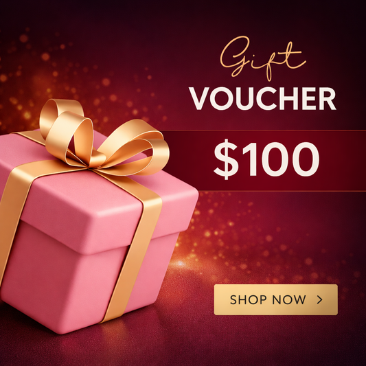 Pink gift box with gold ribbon and 'Gift Voucher $100' text on a red background