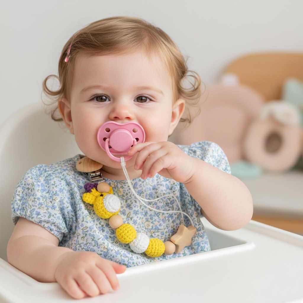 Baby girl holding a yellow and gray crochet animal pacifier clip with a pink pacifier.