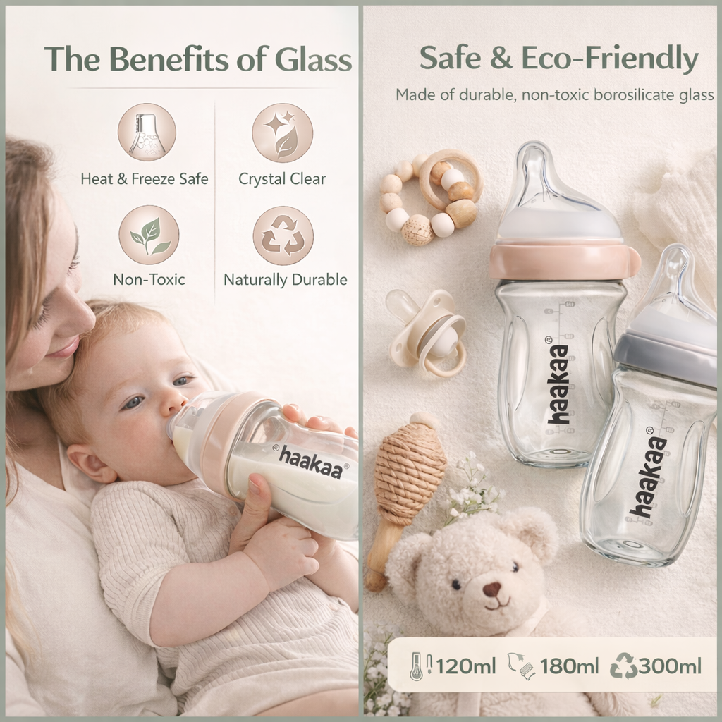Haakaa glass baby bottles with a woman and baby, and additional baby items on a light background.