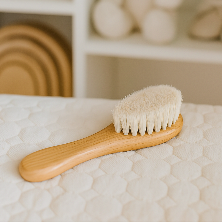 Wooden hair brush with soft white bristles on quilted white surface.