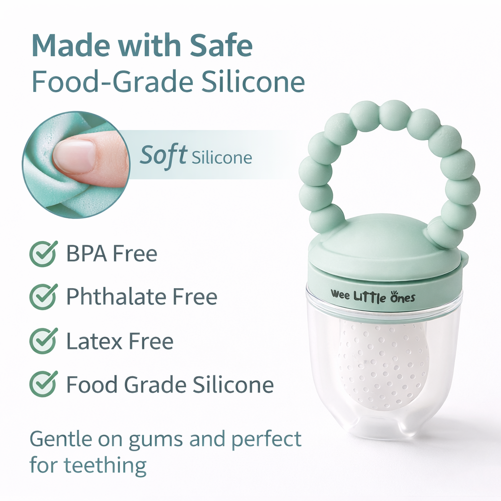 Teething toy with text highlighting safety features and benefits on a white background