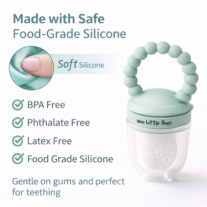 Teething toy with text highlighting safety features and benefits on a white background