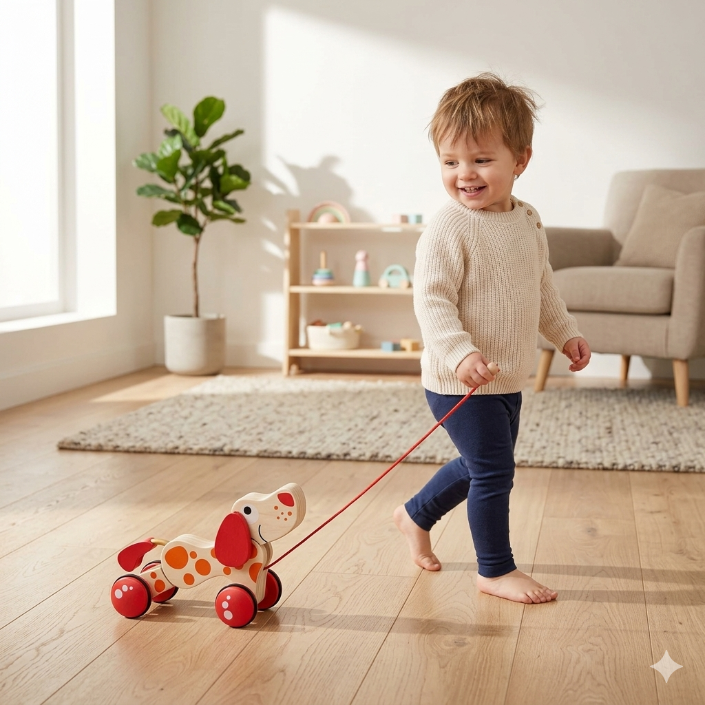 Child pulling a wooden dog toy on a leash in a bright living room.