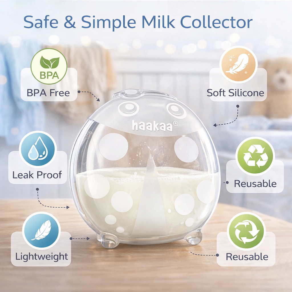 Haakaa milk collector with features highlighted on a blurred kitchen background