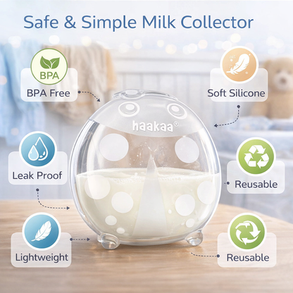 Haakaa milk collector with features highlighted on a blurred kitchen background