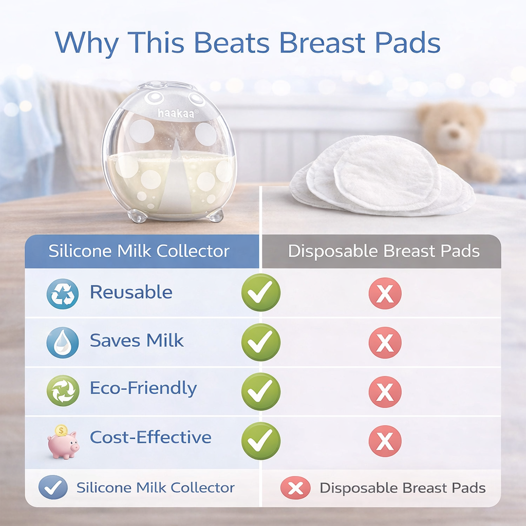 Comparison chart of silicone milk collector versus disposable breast pads with a blurred background.