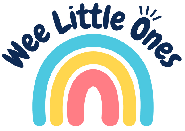 A colorful graphic with the words 'Wee Little Ones' in dark navy script above a layered rainbow in light blue, yellow, and pink on a white background.