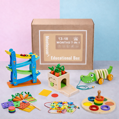 Set of colorful wooden educational toys with a box labeled 'Montessori Educational Box' on a light background.