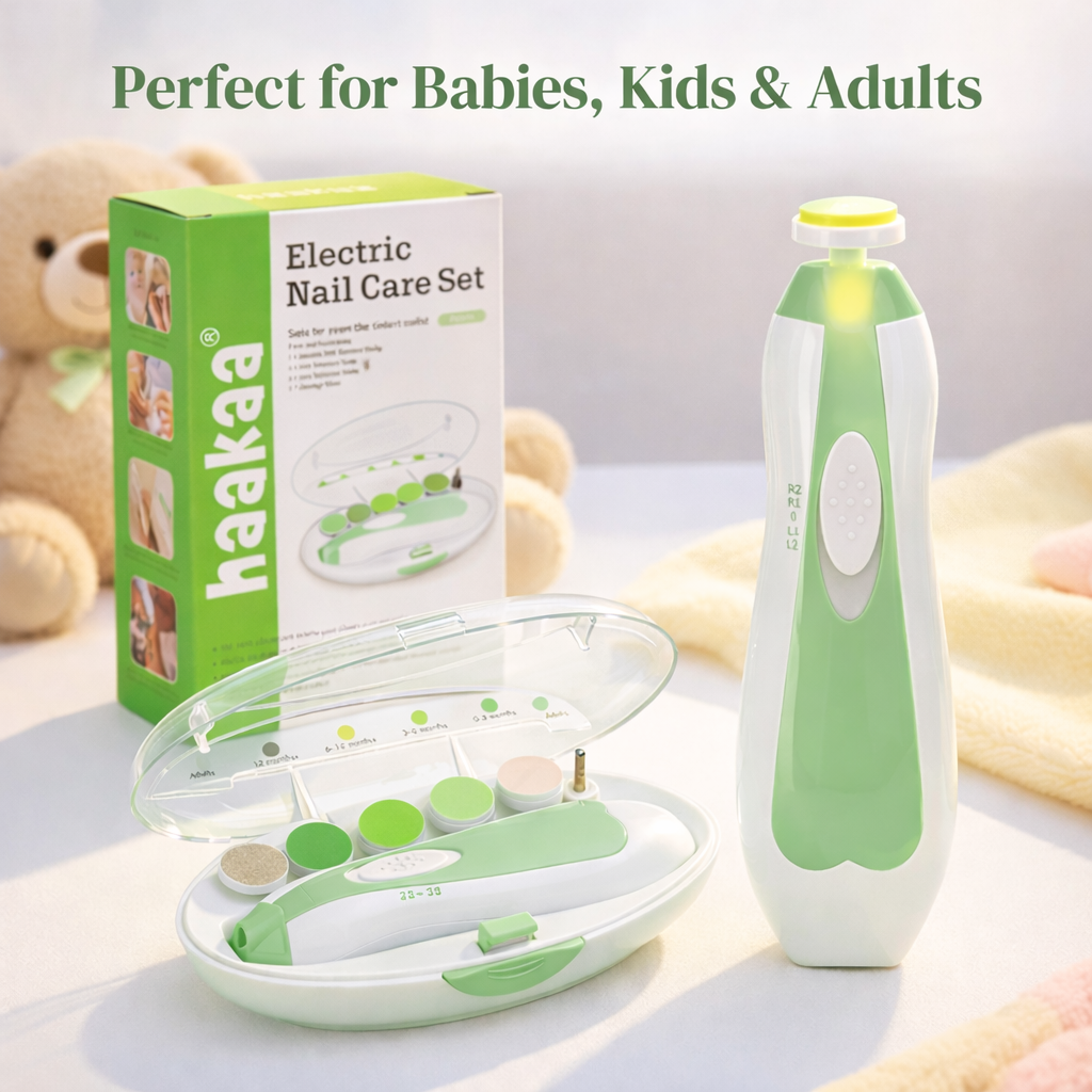 Electric nail care set with packaging on a light background