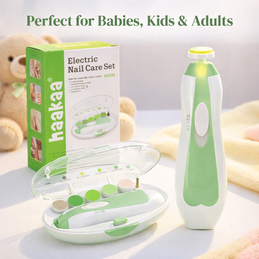 Electric nail care set with packaging on a light background