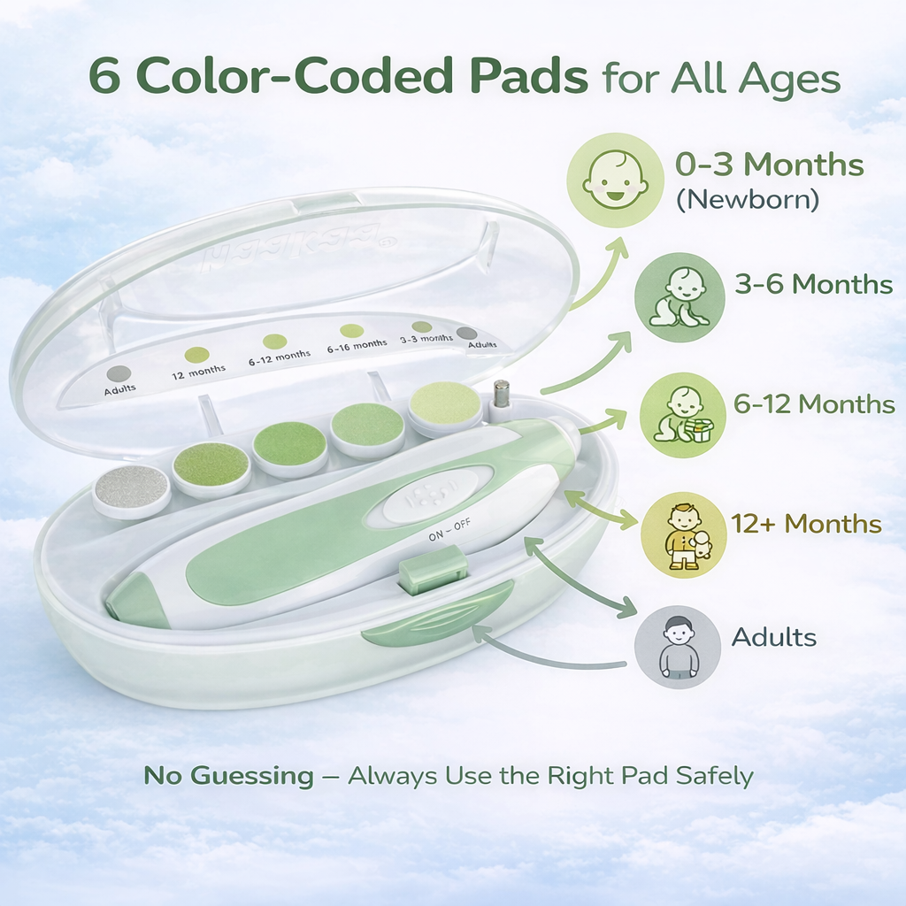 Color-coded pads for baby care with age guidelines on a light blue background