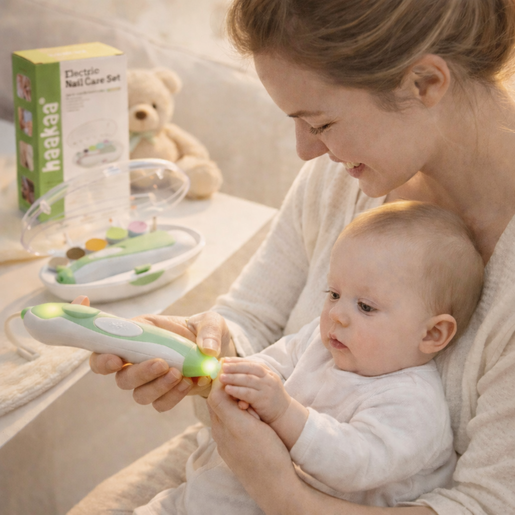 Woman holding a baby and using a green electronic device with a box labeled 'haakaa' in the background.