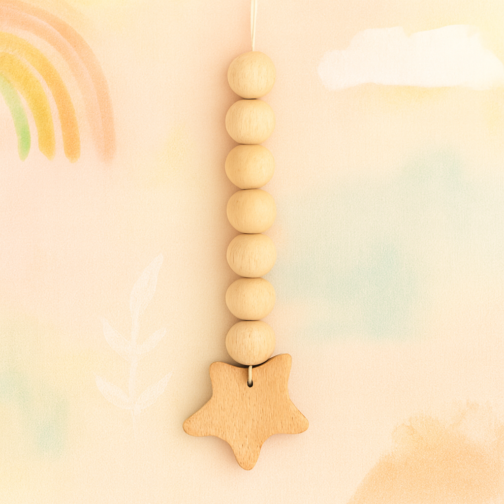 Wooden pacifier clip with round beads and star-shaped charm on beige cord.