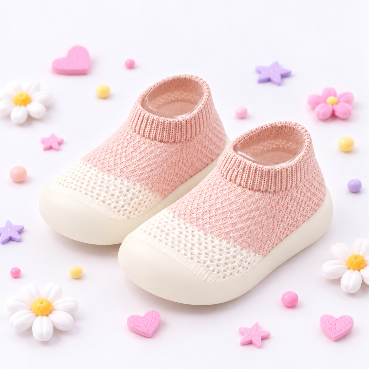 A pair of baby slip-on knit socks with cream-colored soles, styled on a white background with pastel decorative flowers, hearts, and stars.