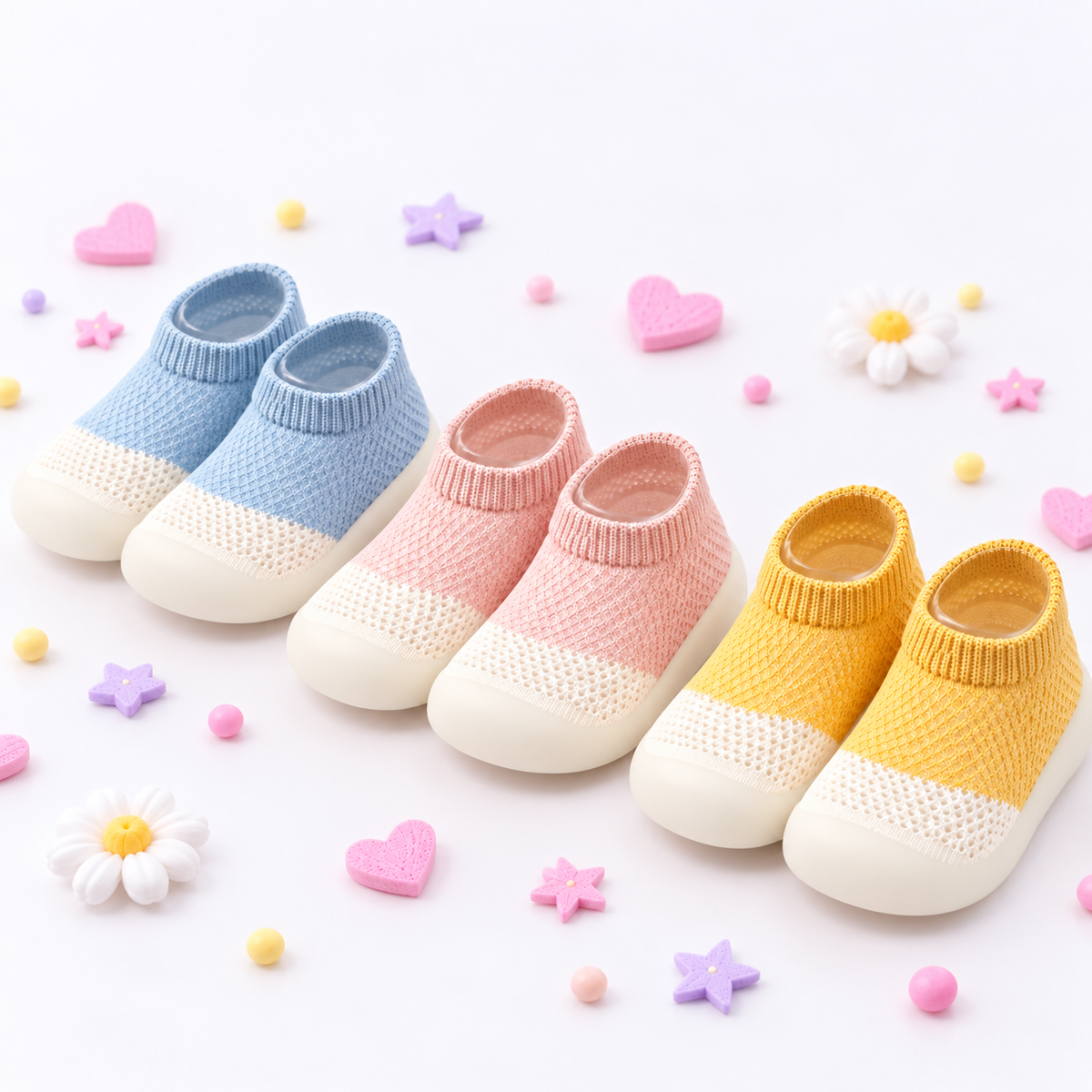 Four pairs of baby knit slip-on shoes in light blue, pink, and yellow, arranged on a white background with pastel decorative hearts, flowers, and stars.