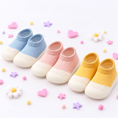 Four pairs of baby knit slip-on shoes in light blue, pink, and yellow, arranged on a white background with pastel decorative hearts, flowers, and stars.