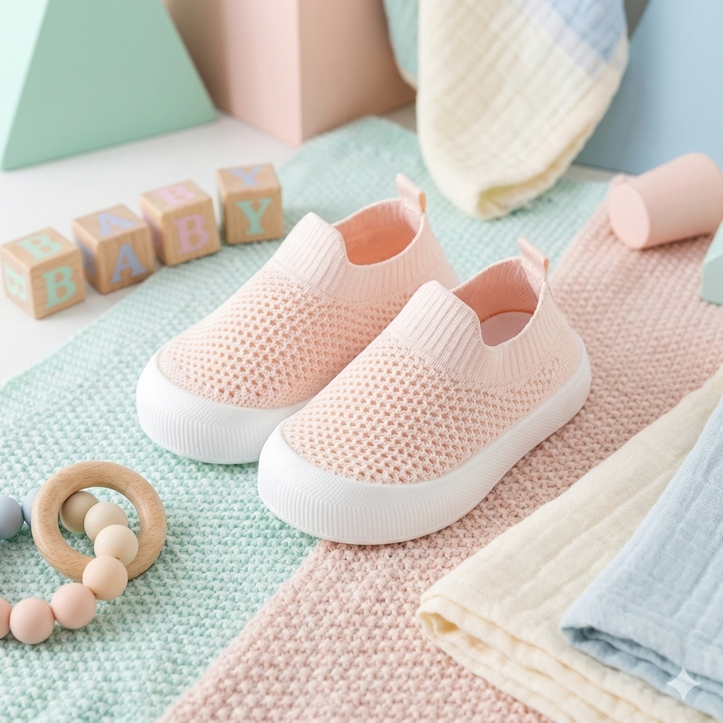 Pink breathable toddler shoes with soft white soles and slip-on design on textured rug.
