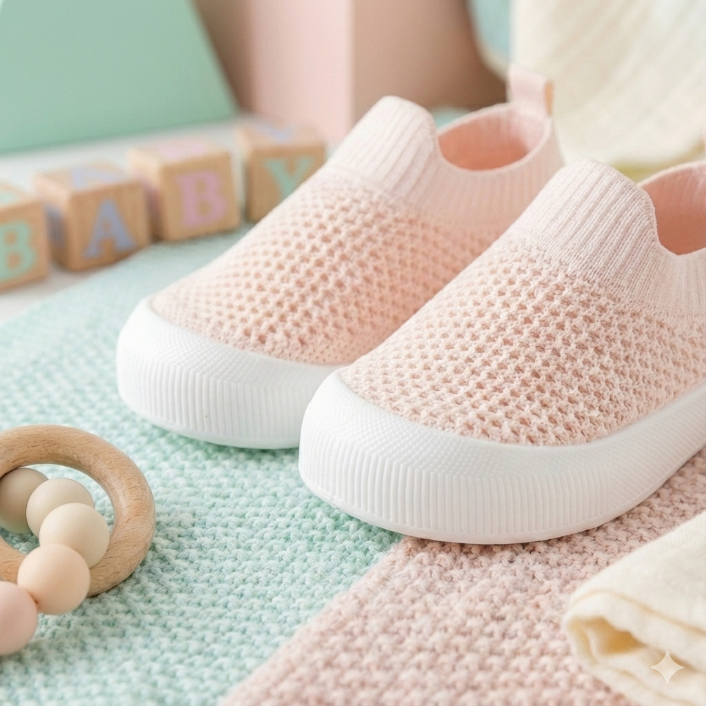 Pink soft-soled toddler shoes with breathable knit upper and white rubber soles.