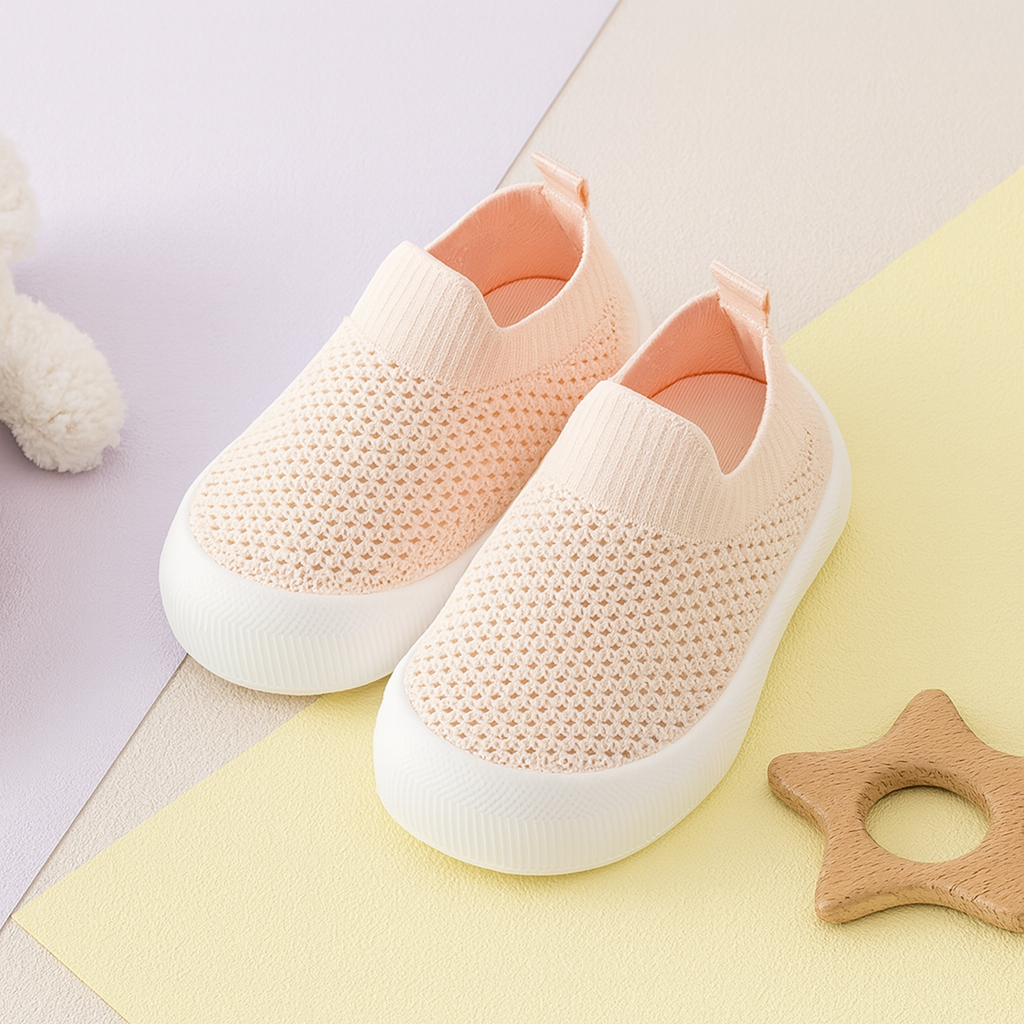 Pink breathable toddler shoes with soft white soles and slip-on design.