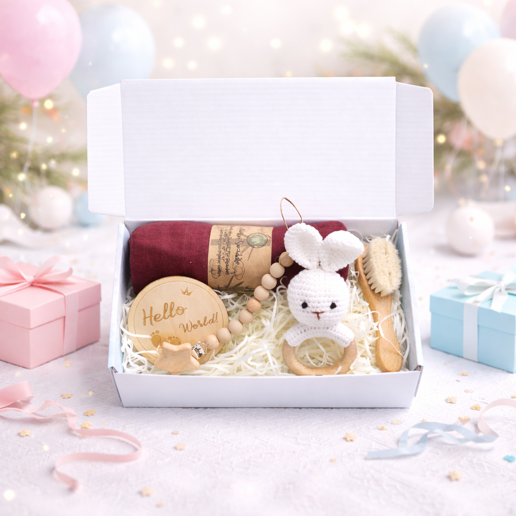 Baby gift set with toys and items in a box on a festive background