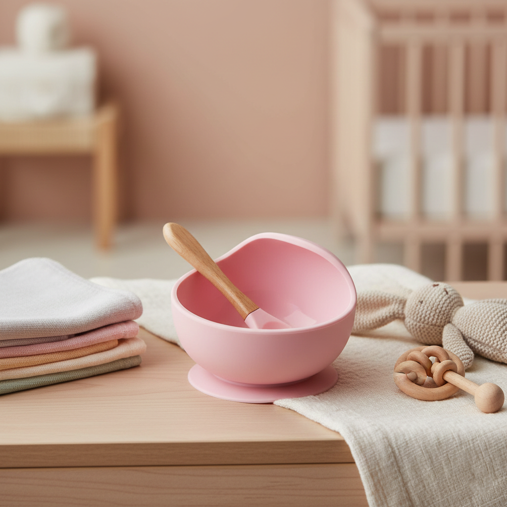 Pink bowl with a wooden spoon on a wooden surface with baby toys in the background