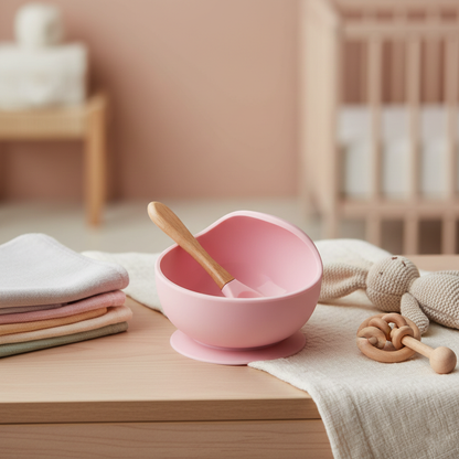 Pink bowl with a wooden spoon on a wooden surface with baby toys in the background