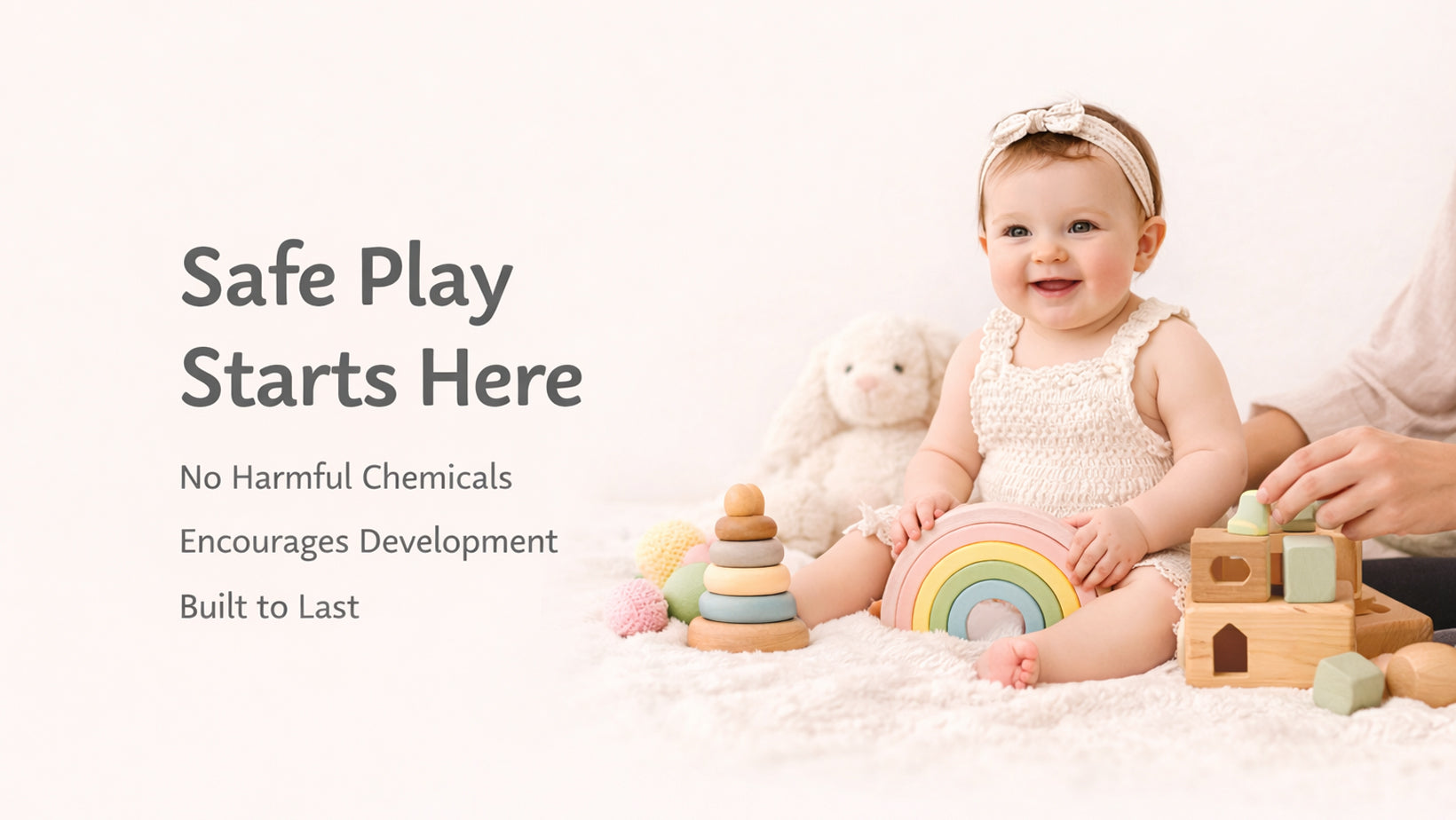 Baby playing with colorful wooden toys on a white background, with text about safe play.