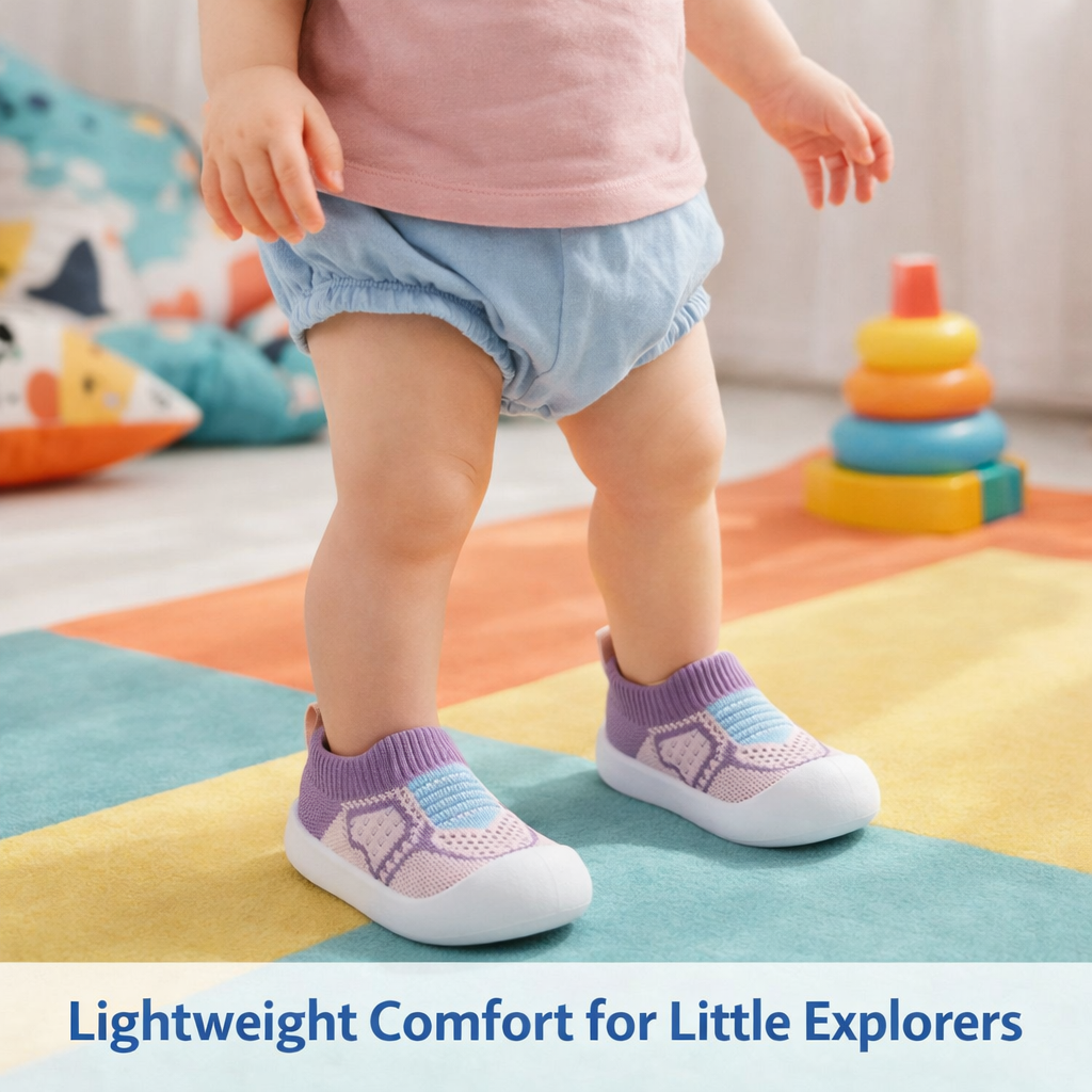 Child wearing purple socks with a colorful rug and toys in the background