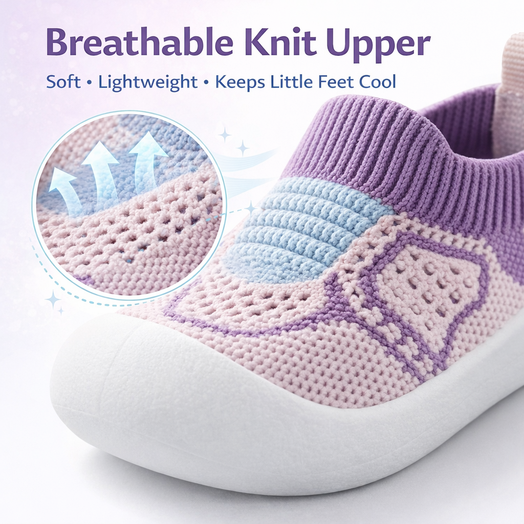 Children's shoes with breathable knit upper feature on a light purple background