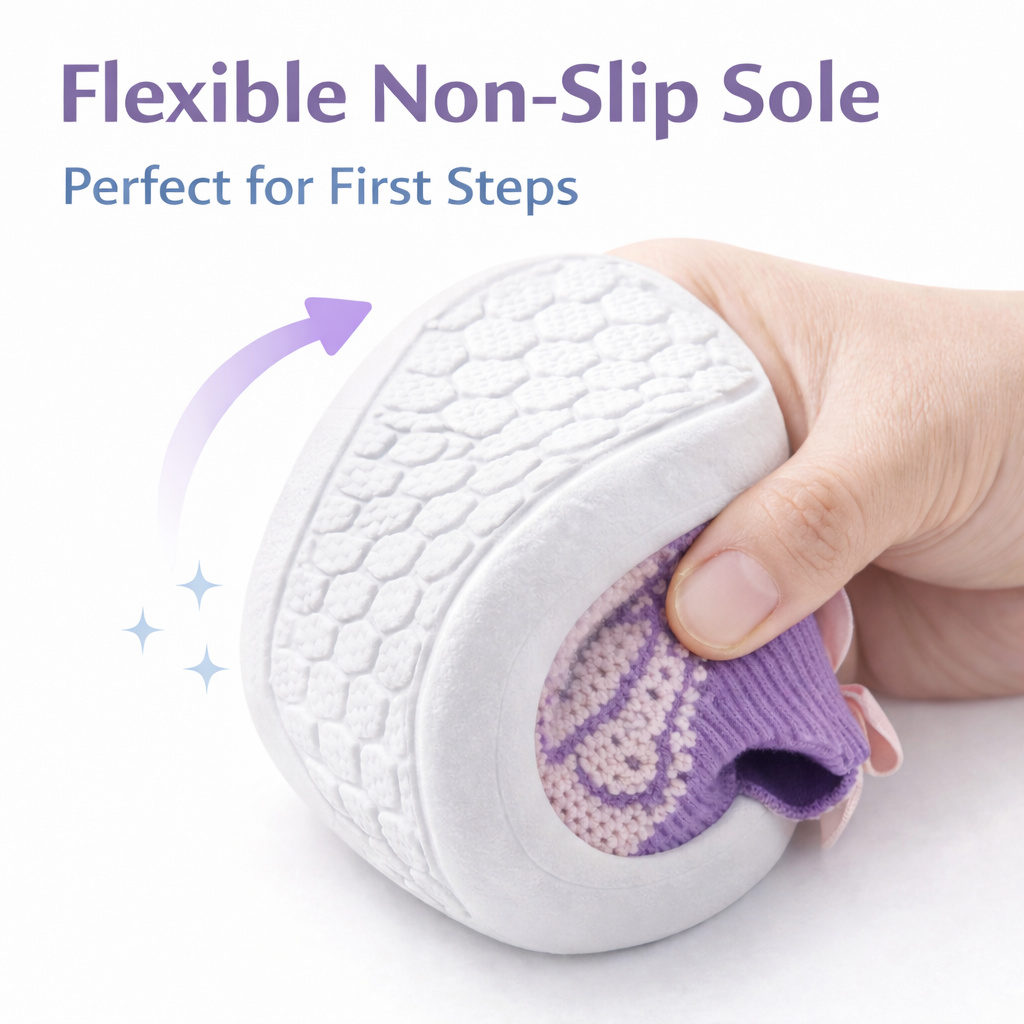 White shoe with a purple sole held by a hand, emphasizing the non-slip sole.