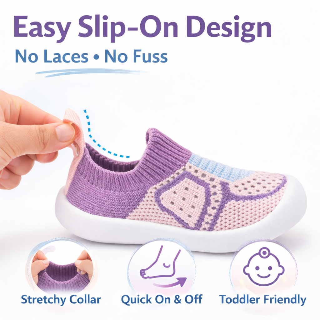 Purple and pink slip-on shoe with text highlighting features on a white background
