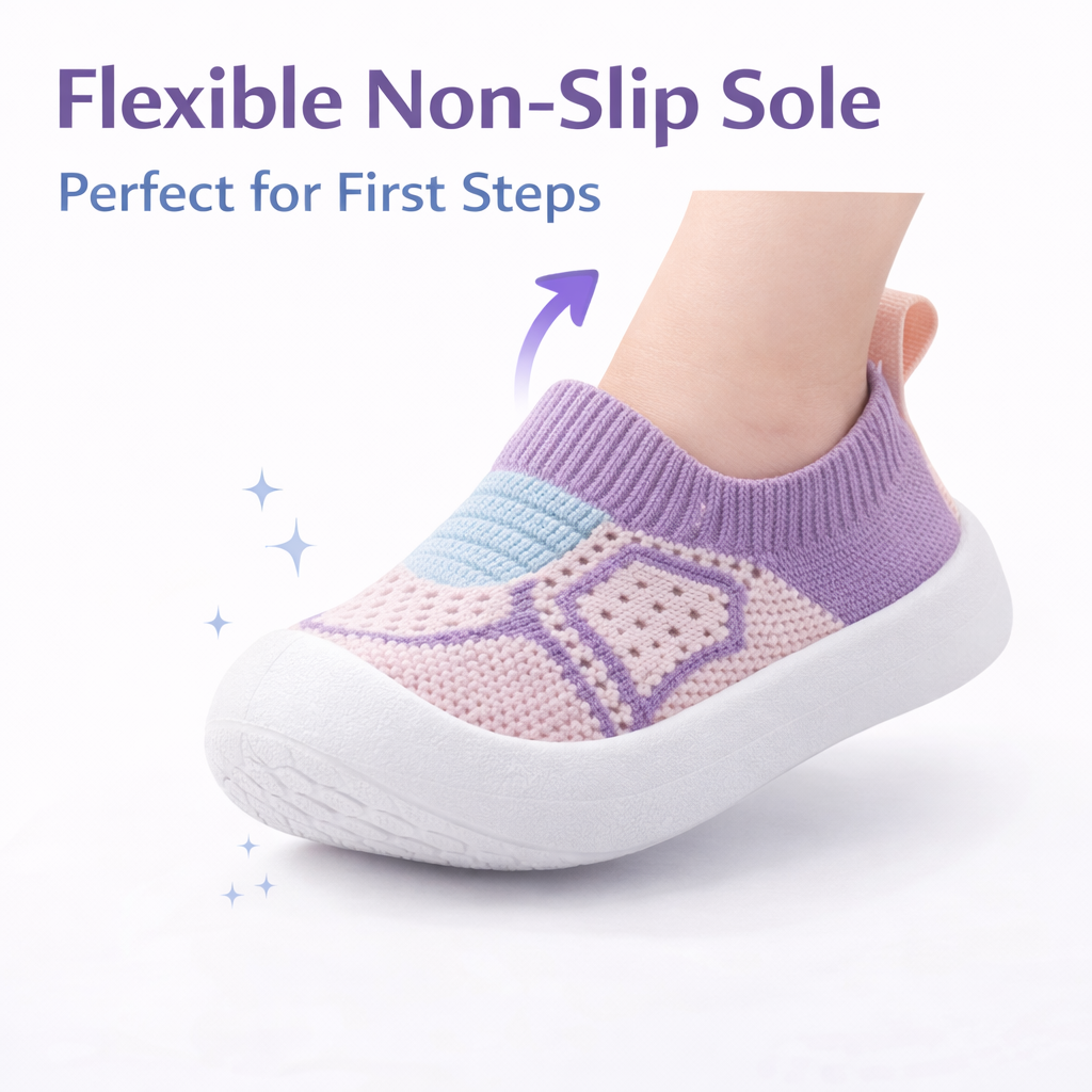 Child's foot wearing a purple and white shoe with text about flexible non-slip sole.