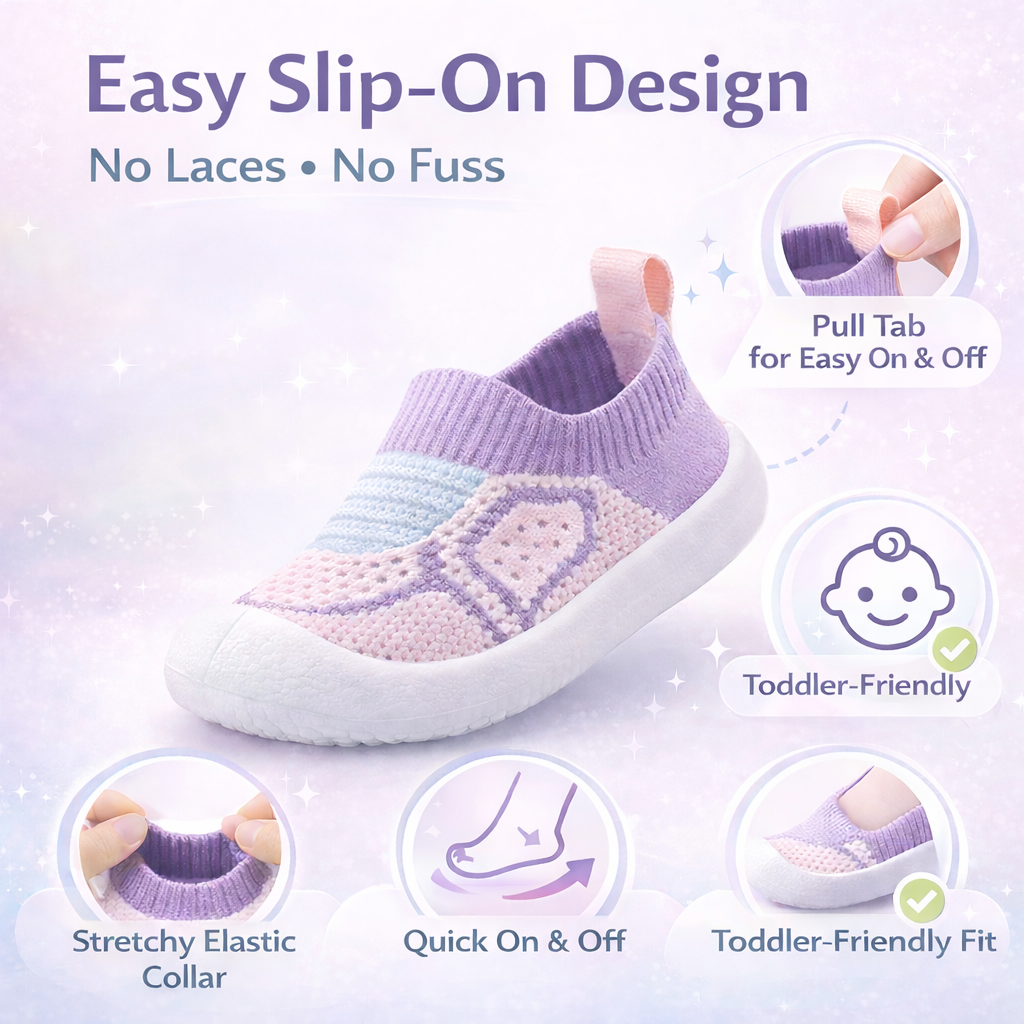 Purple and pink slip-on shoe with features highlighted on a light purple background