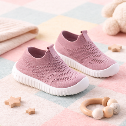 Pink slip-on shoes on a colorful checkered blanket with wooden toys.