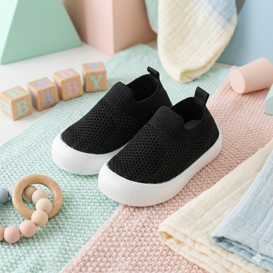 Black soft-soled toddler shoes with breathable mesh upper and white rubber soles on pastel textured mats.
