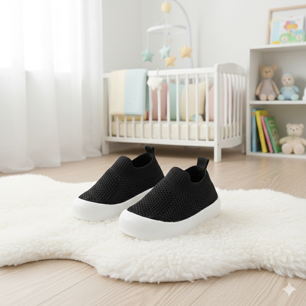 Black soft-soled toddler shoes with breathable knit upper and white rubber sole.