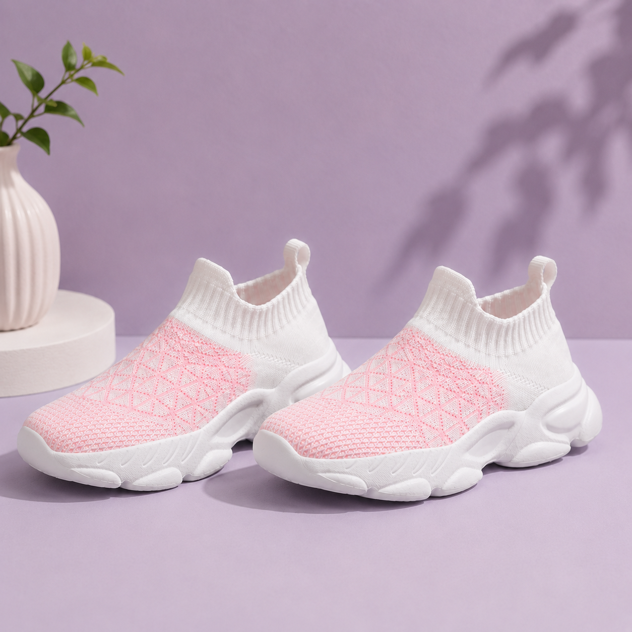 Pair of pink and white slip-on sneakers on a purple background with a plant.