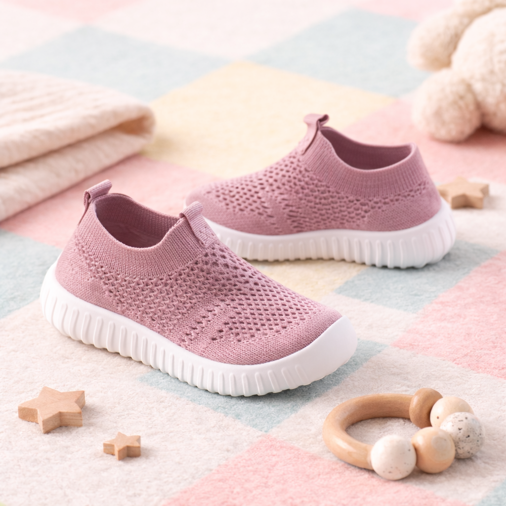 Pink slip-on shoes on a colorful checkered blanket with wooden toys.